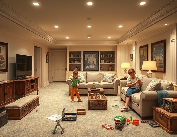 luxurious finished basement, children playing, arranging furniture, photorealistic, elegant decor with plush carpeting, highly detailed, toys and games scattered, super high-definition, rich warm colors, indirect soft lighting, shot with a 85mm lens.