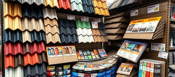 assorted roofing material, organized, displayed on a rack, photorealistic, hardware store aisle with labels and samples, highly detailed, subtle reflections and textures, high resolution, vibrant colors, soft indoor lighting, shot with a macro lens.
