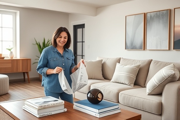 stylish basement makeover, interior decorator smiling, selecting fabrics, photorealistic, chic modern decor with large sectional sofa, highly detailed, swatches and design books on a coffee table, UHD clarity, neutral and pastel colors, gentle window lighting, shot with a 35mm lens.