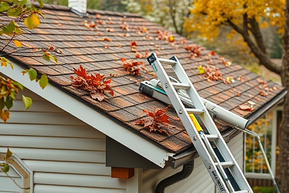 routine roofing maintenance, careful, cleaning gutters, photorealistic, suburban home with ladders leaning against the roof, highly detailed, leaves and dirt particles, finely textured, earthy colors, morning lighting, shot with a 35mm prime lens.