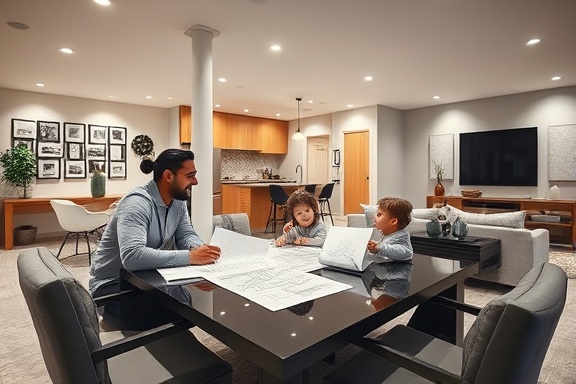 spacious basement design, family smiling, discussing plans, photorealistic, open floor plan with contemporary furniture, highly detailed, blueprints and design materials on a table, ultra-sharp clarity, cool neutral tones, soft ambient lighting, shot with a 24mm lens.